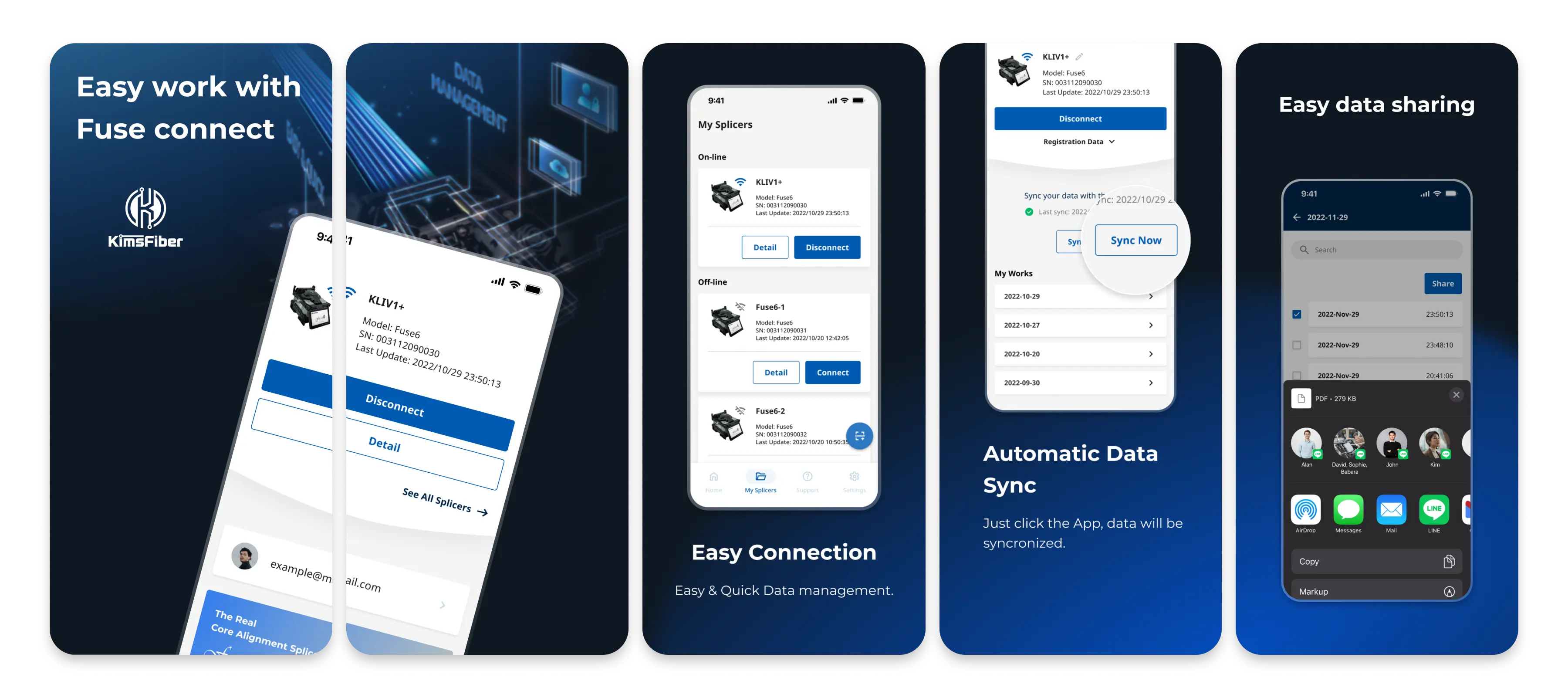 FuseConnect 光纖熔接機 APP 設計主視覺，呈現工程應用程式的 UI 設計、資料管理介面與 APP 開發成果。