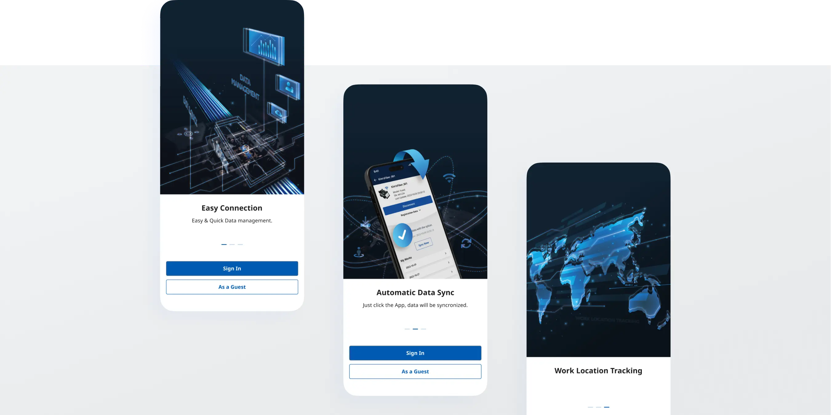 FuseConnect APP 介面設計展示，呈現光纖熔接作業資料、照片紀錄與工程資訊的前端管理畫面。